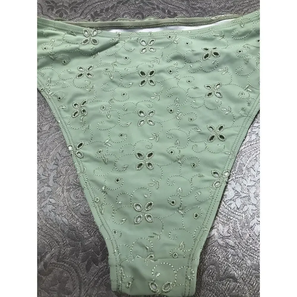 VGT Nasty Gal COLLECTIO Women's 4 Bikini Bottom GREEN EMBROIDERY Cheeky Swimwear